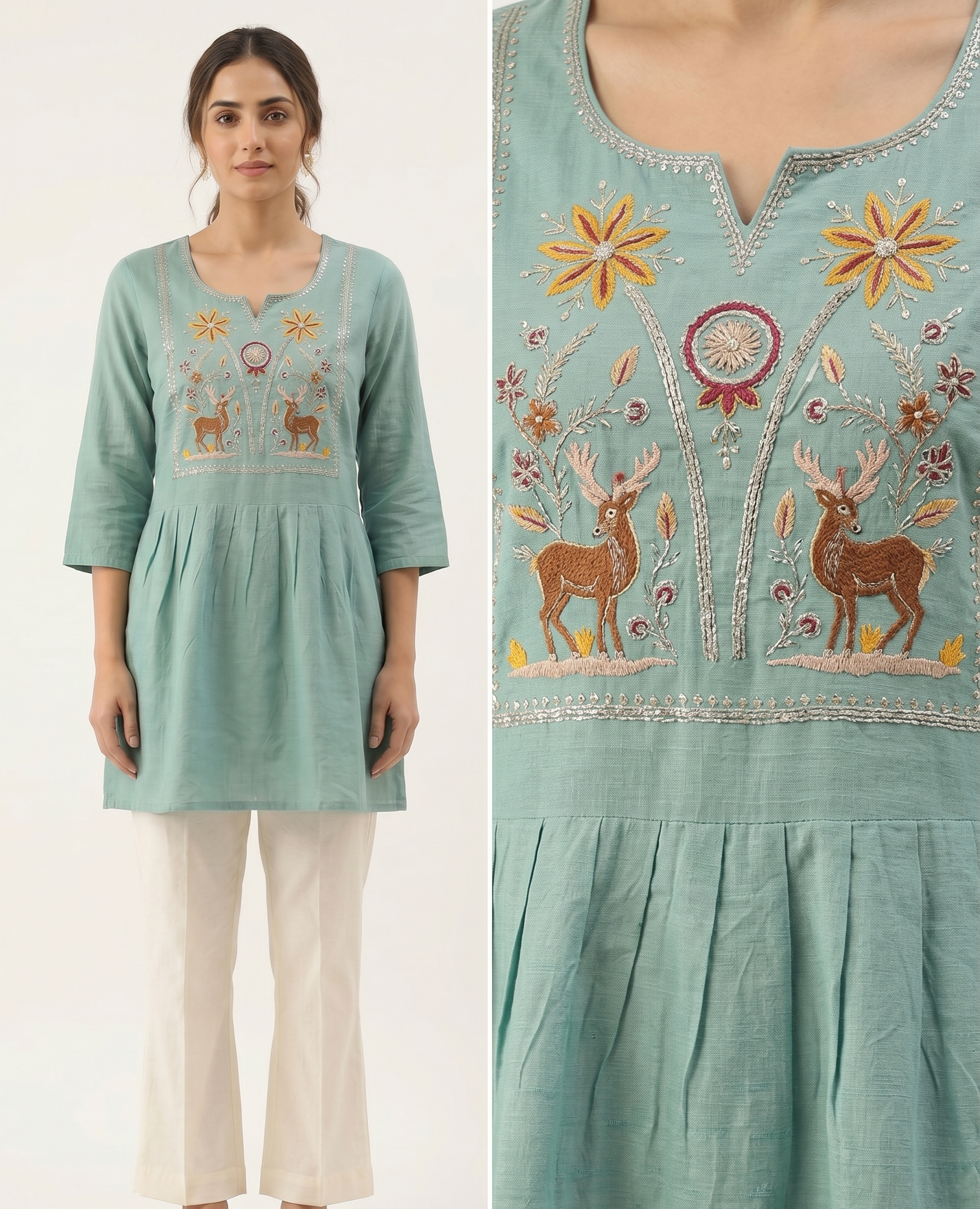 Seafoam Green Cotton Slub Short Kurti – Intricate Nature-Inspired Embroidery – Gathered Waist