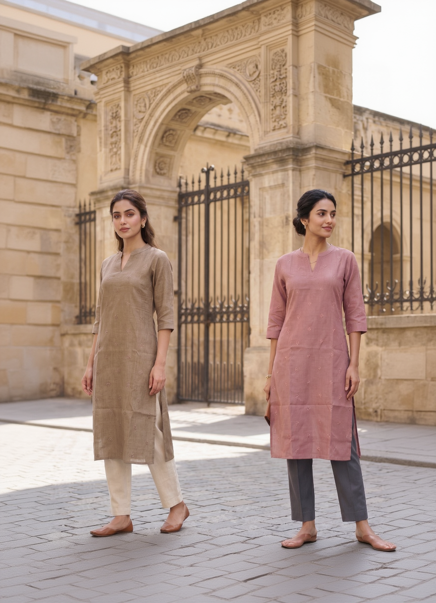 Semi-Jute Silk Blend Straight Kurta with Embroidered Notched Neck & 3/4 Sleeves