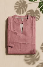 Semi-Jute Silk Blend Straight Kurta with Embroidered Notched Neck & 3/4 Sleeves