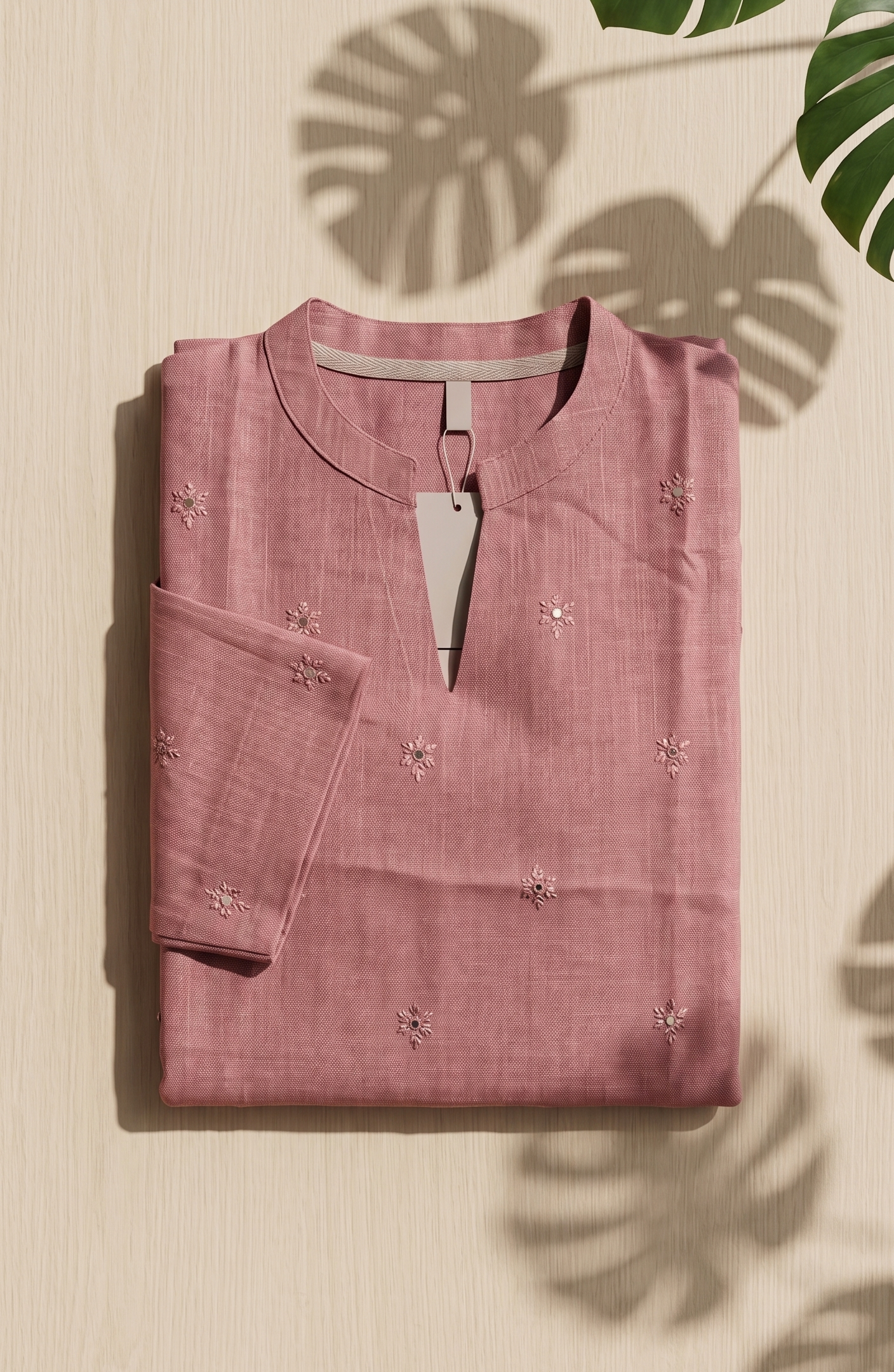 Semi-Jute Silk Blend Straight Kurta with Embroidered Notched Neck & 3/4 Sleeves