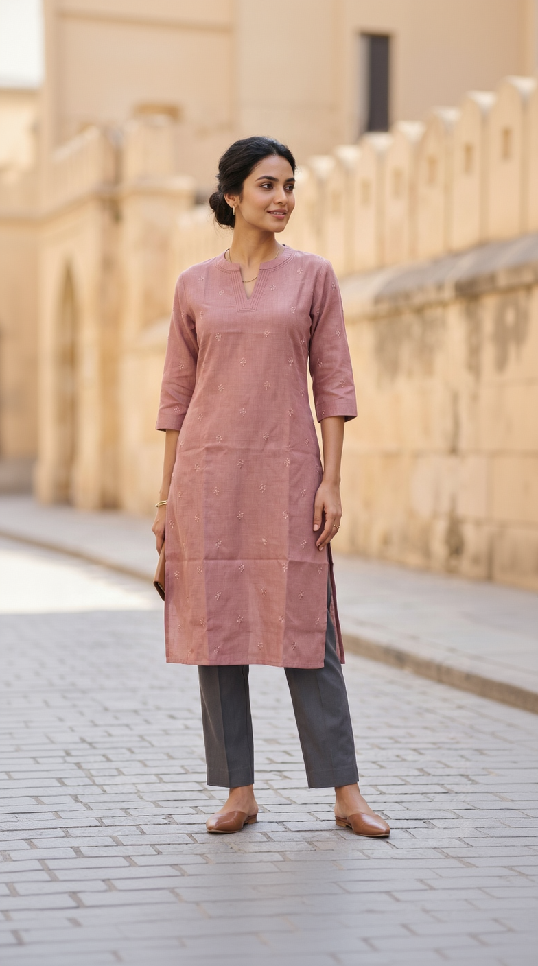 Semi-Jute Silk Blend Straight Kurta with Embroidered Notched Neck & 3/4 Sleeves