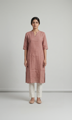 Semi-Jute Silk Blend Straight Kurta with Embroidered Notched Neck & 3/4 Sleeves