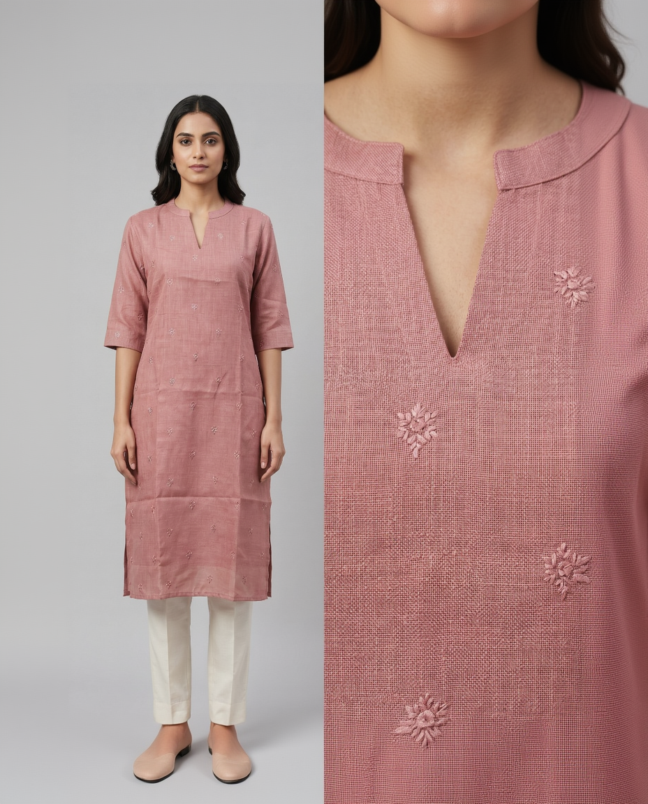 Semi-Jute Silk Blend Straight Kurta with Embroidered Notched Neck & 3/4 Sleeves