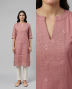 Semi-Jute Silk Blend Straight Kurta with Embroidered Notched Neck & 3/4 Sleeves