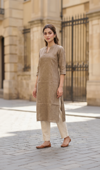 Semi-Jute Silk Blend Straight Kurta with Embroidered Notched Neck & 3/4 Sleeves