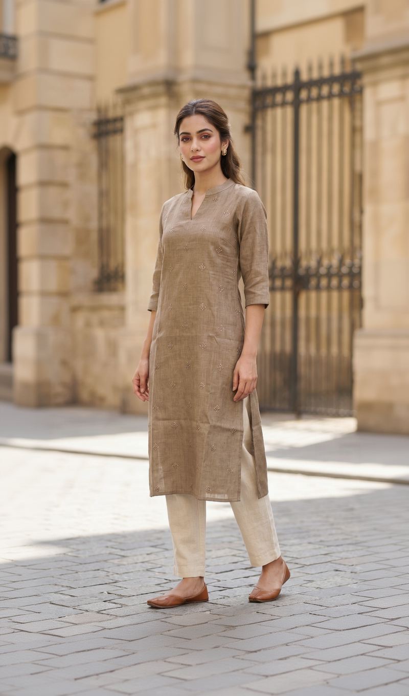 Semi-Jute Silk Blend Straight Kurta with Embroidered Notched Neck & 3/4 Sleeves