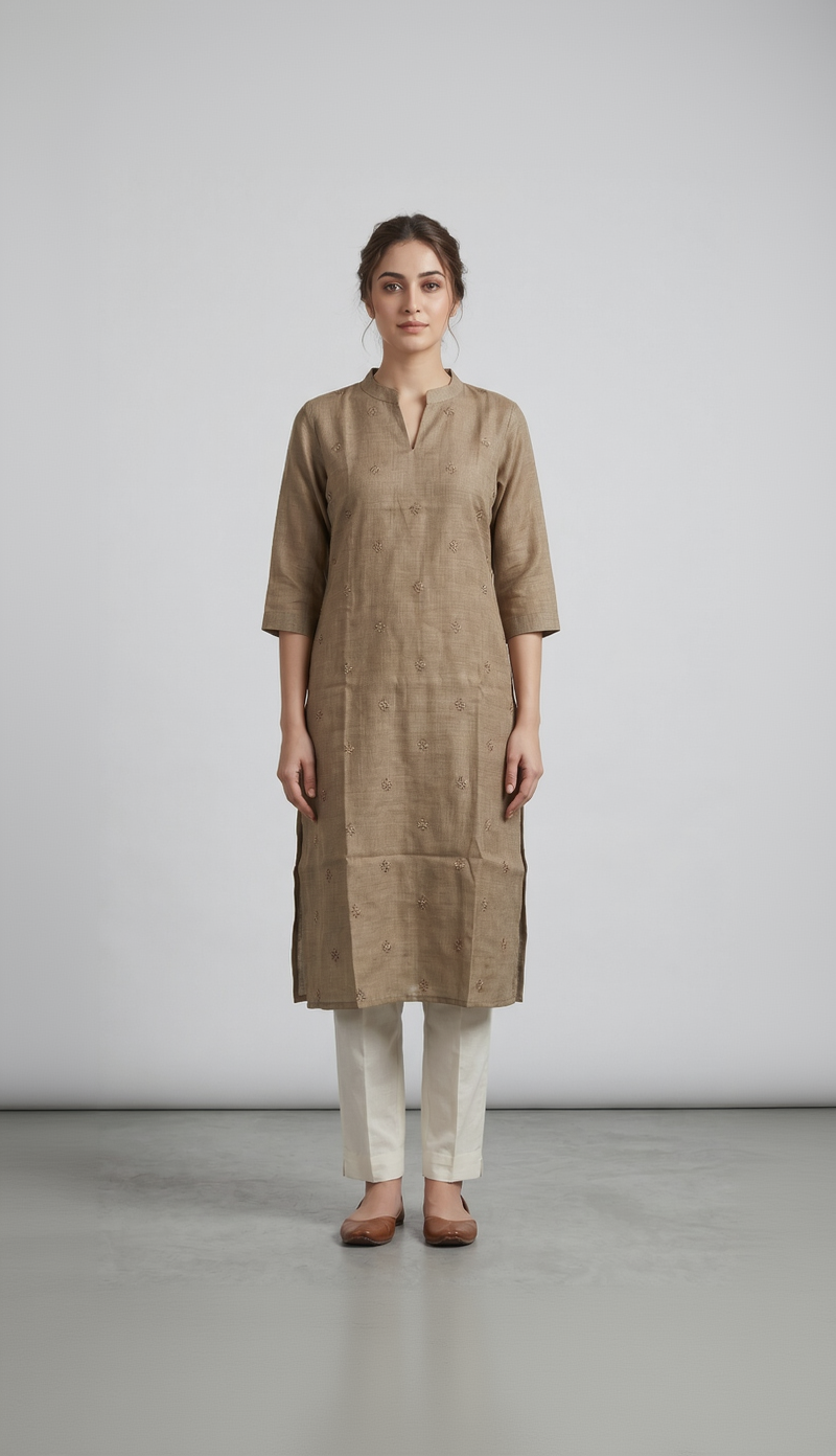Semi-Jute Silk Blend Straight Kurta with Embroidered Notched Neck & 3/4 Sleeves