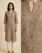 Semi-Jute Silk Blend Straight Kurta with Embroidered Notched Neck & 3/4 Sleeves