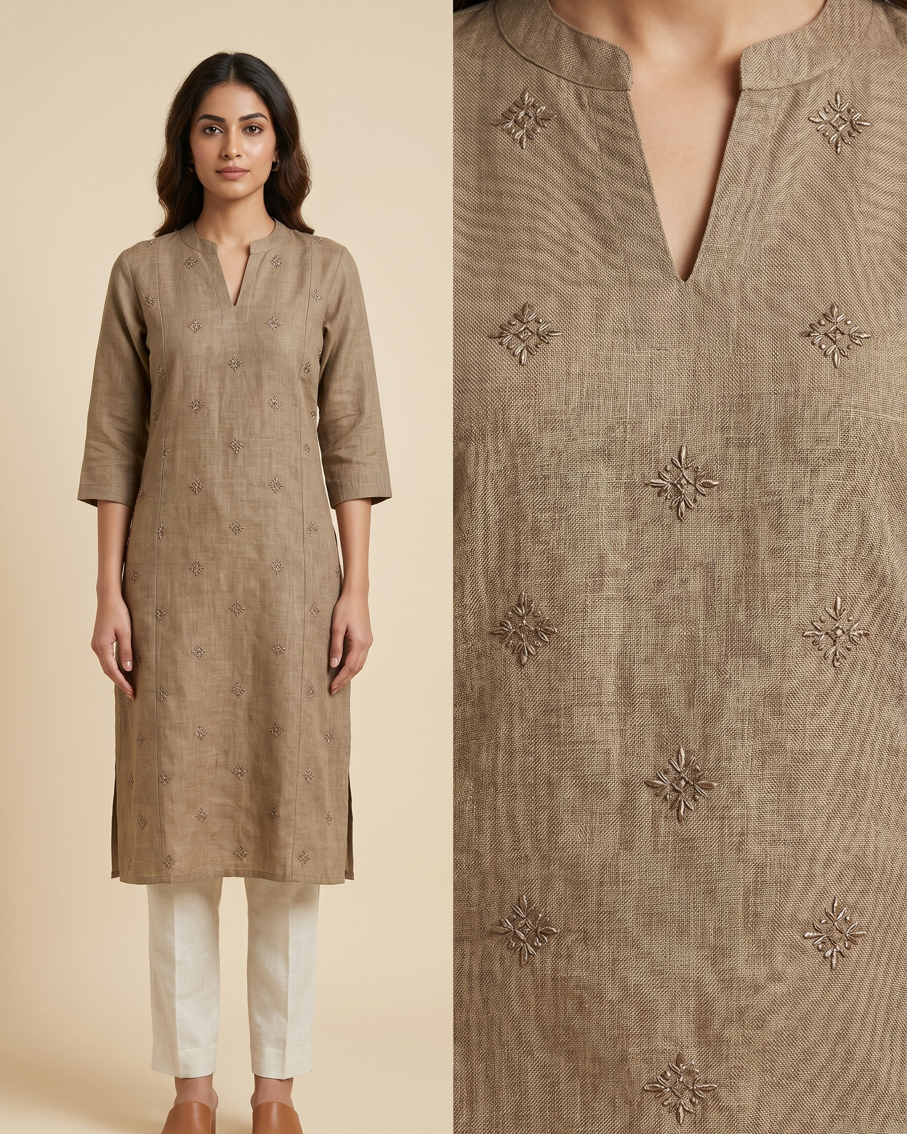 Semi-Jute Silk Blend Straight Kurta with Embroidered Notched Neck & 3/4 Sleeves