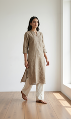 Semi-Jute Silk Blend Straight Kurta with Embroidered Notched Neck & 3/4 Sleeves