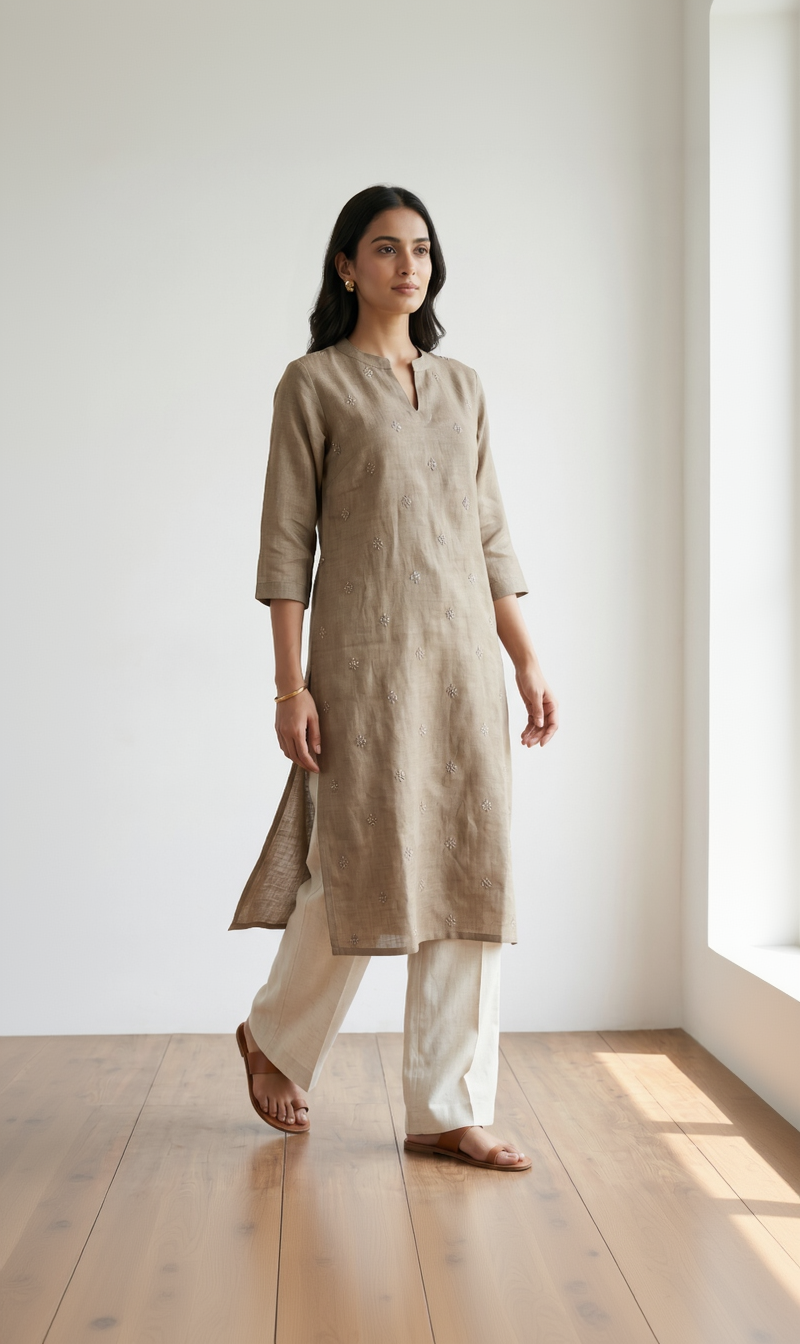 Semi-Jute Silk Blend Straight Kurta with Embroidered Notched Neck & 3/4 Sleeves