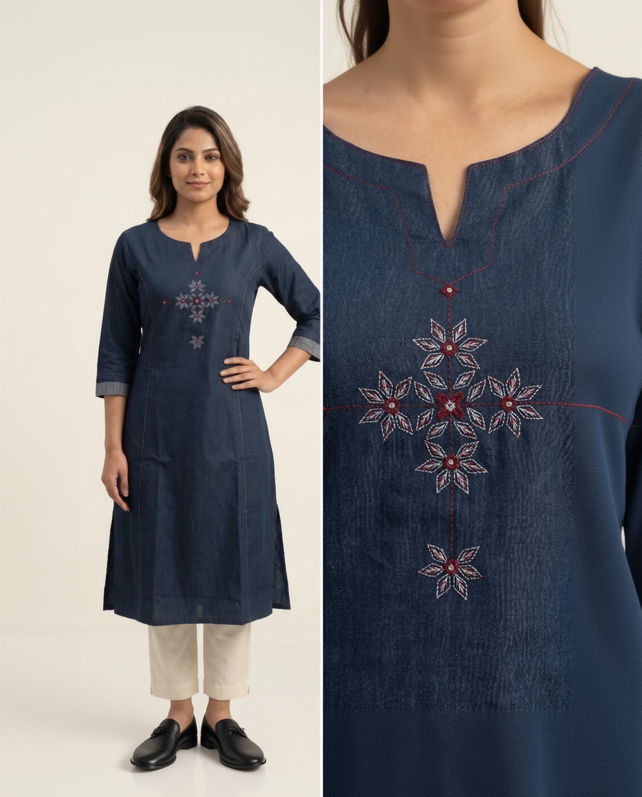 Anvita Slate Blue Slub Cotton Kurta – Maroon Tribal Yoke Embroidery – Elegant Daily Wear