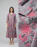 Slate Grey Cotton Slub Midi Shirt Dress – Vibrant Pink Floral Print – Button-Down A-Line Silhouette