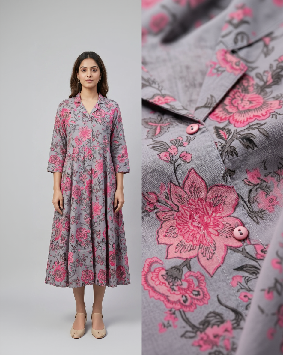 Slate Grey Cotton Slub Midi Shirt Dress – Vibrant Pink Floral Print – Button-Down A-Line Silhouette