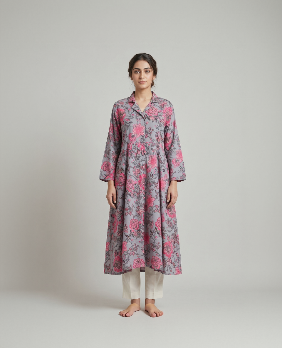 Slate Grey Cotton Slub Midi Shirt Dress – Vibrant Pink Floral Print – Button-Down A-Line Silhouette