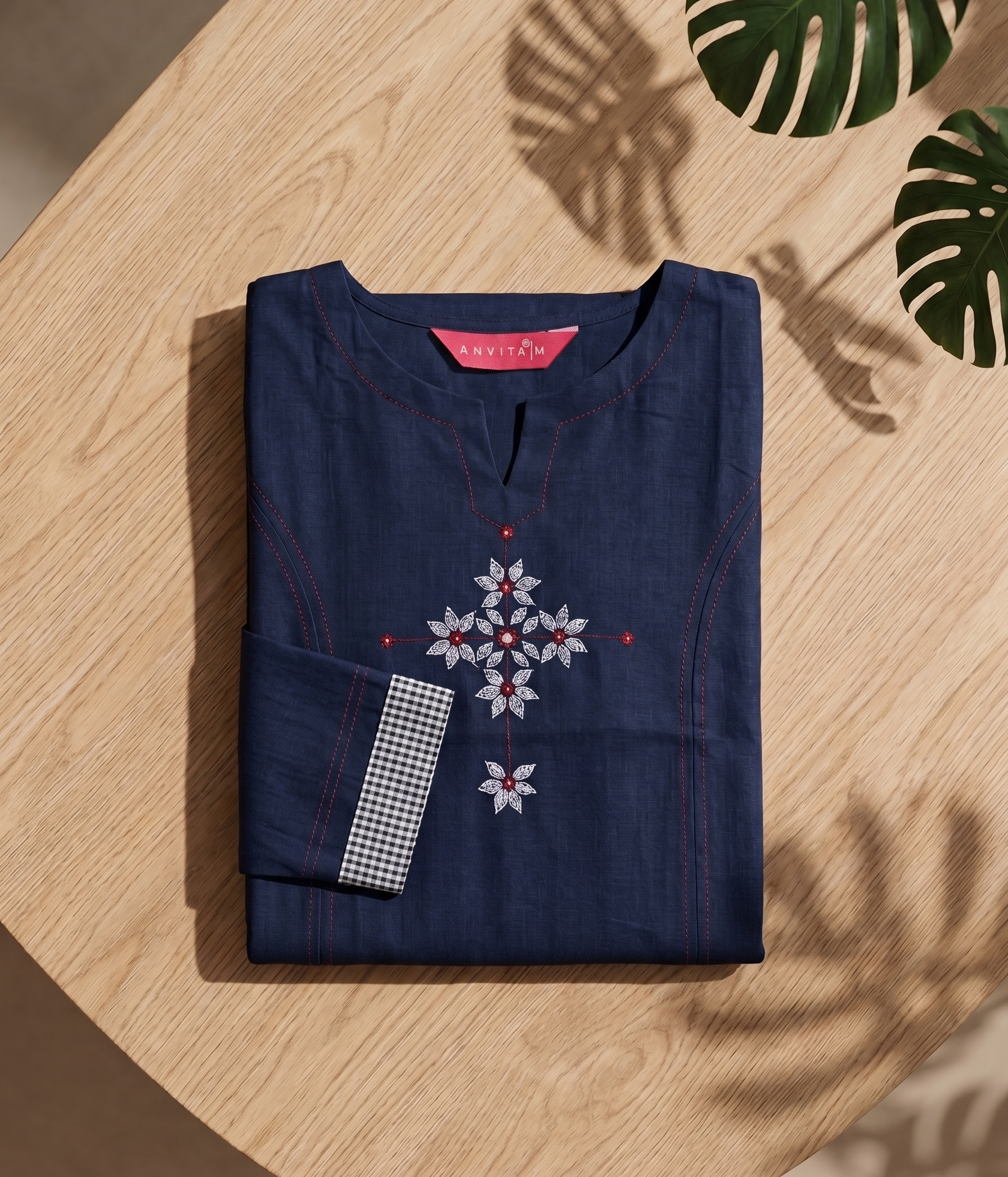 Anvita Slate Blue Slub Cotton Kurta – Maroon Tribal Yoke Embroidery – Elegant Daily Wear