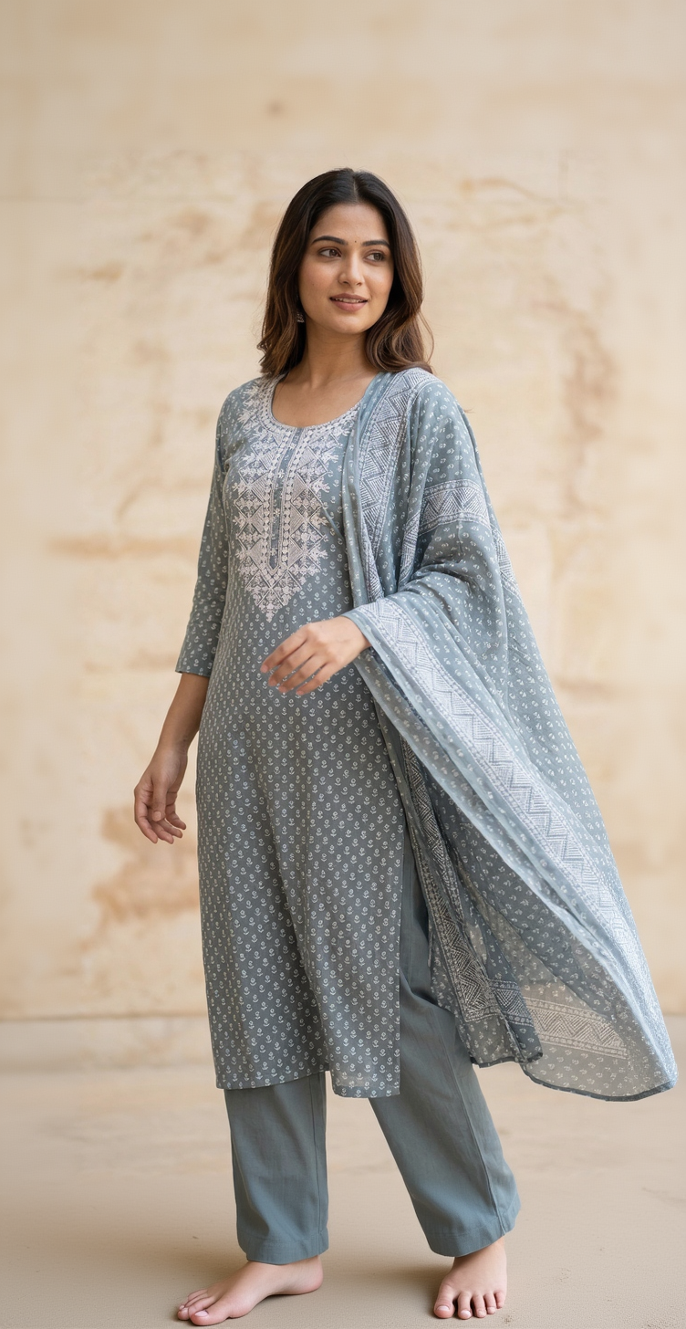 Steel Blue Cotton Suit Set – Ornate Threadwork Yoke & Tiny Motif Print – Elegant 3-Piece Ensemble