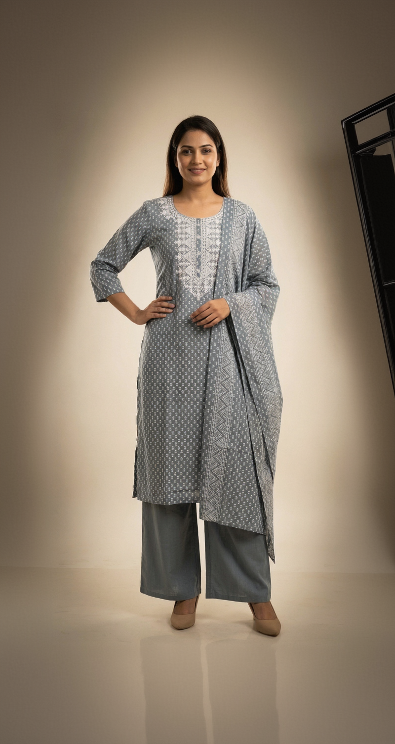 Steel Blue Cotton Suit Set – Ornate Threadwork Yoke & Tiny Motif Print – Elegant 3-Piece Ensemble