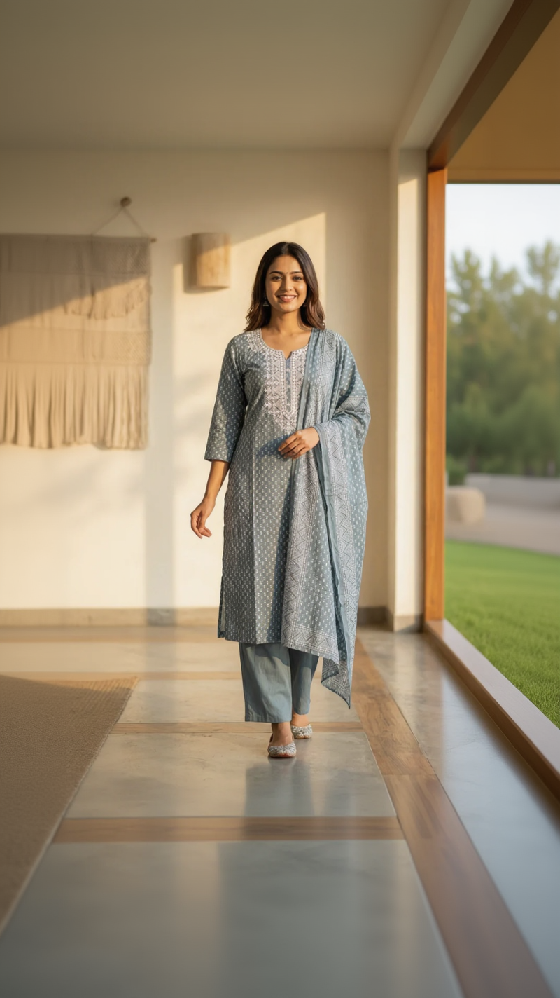 Steel Blue Cotton Suit Set – Ornate Threadwork Yoke & Tiny Motif Print – Elegant 3-Piece Ensemble