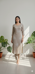 Dusty Rose & Taupe Crushed Nylon Co-ord Set for Women – Embroidered Straight Kurta and Pant for Ethnic Casual Wear