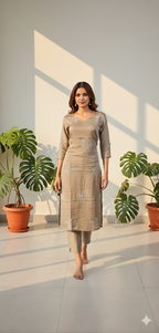 Dusty Rose & Taupe Crushed Nylon Co-ord Set for Women – Embroidered Straight Kurta and Pant for Ethnic Casual Wear