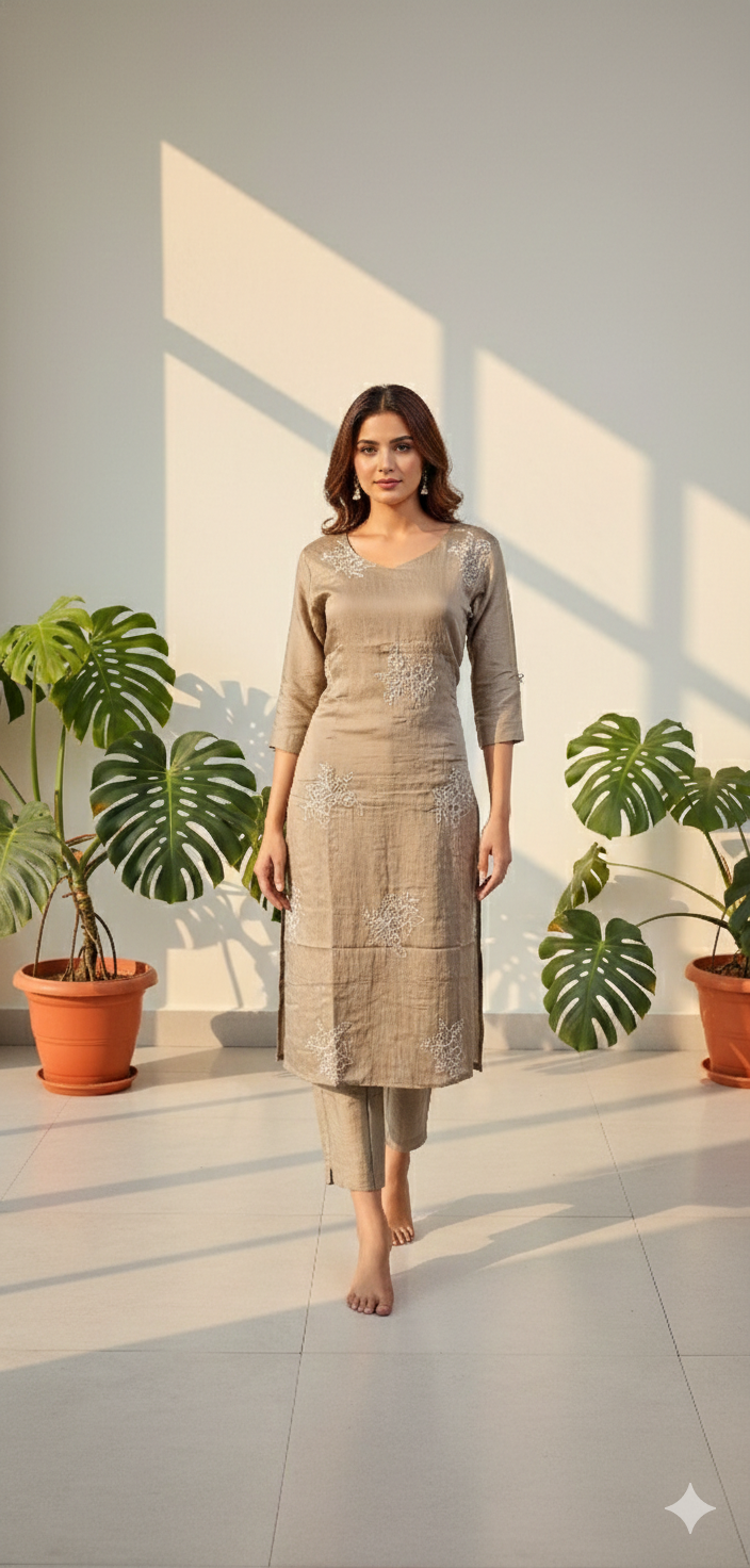 Dusty Rose & Taupe Crushed Nylon Co-ord Set for Women – Embroidered Straight Kurta and Pant for Ethnic Casual Wear