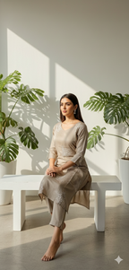 Dusty Rose & Taupe Crushed Nylon Co-ord Set for Women – Embroidered Straight Kurta and Pant for Ethnic Casual Wear