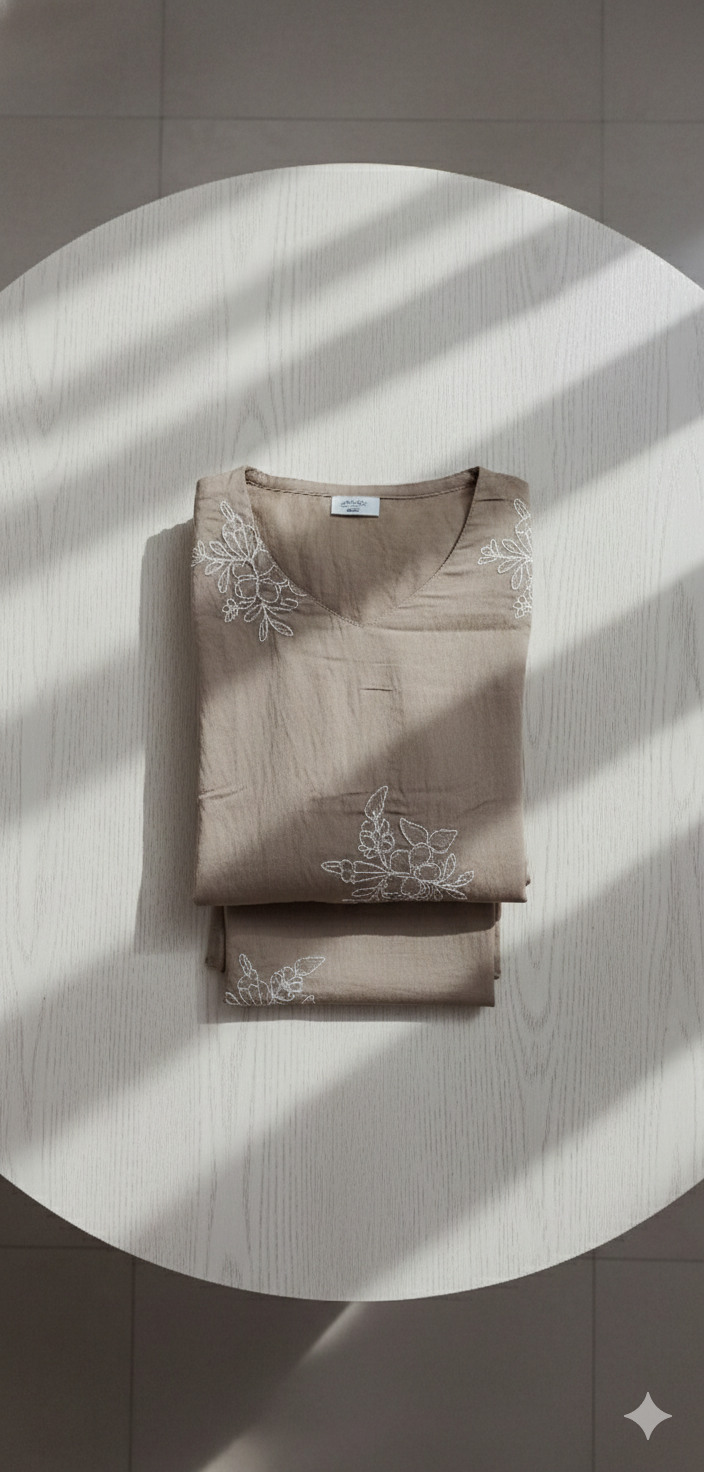 Dusty Rose & Taupe Crushed Nylon Co-ord Set for Women – Embroidered Straight Kurta and Pant for Ethnic Casual Wear