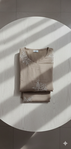 Dusty Rose & Taupe Crushed Nylon Co-ord Set for Women – Embroidered Straight Kurta and Pant for Ethnic Casual Wear