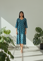 Teal Blue Cotton A-Line Dress for Women – Floral Printed Casual Midi with V-Neck