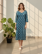Teal Blue Cotton A-Line Dress for Women – Floral Printed Casual Midi with V-Neck