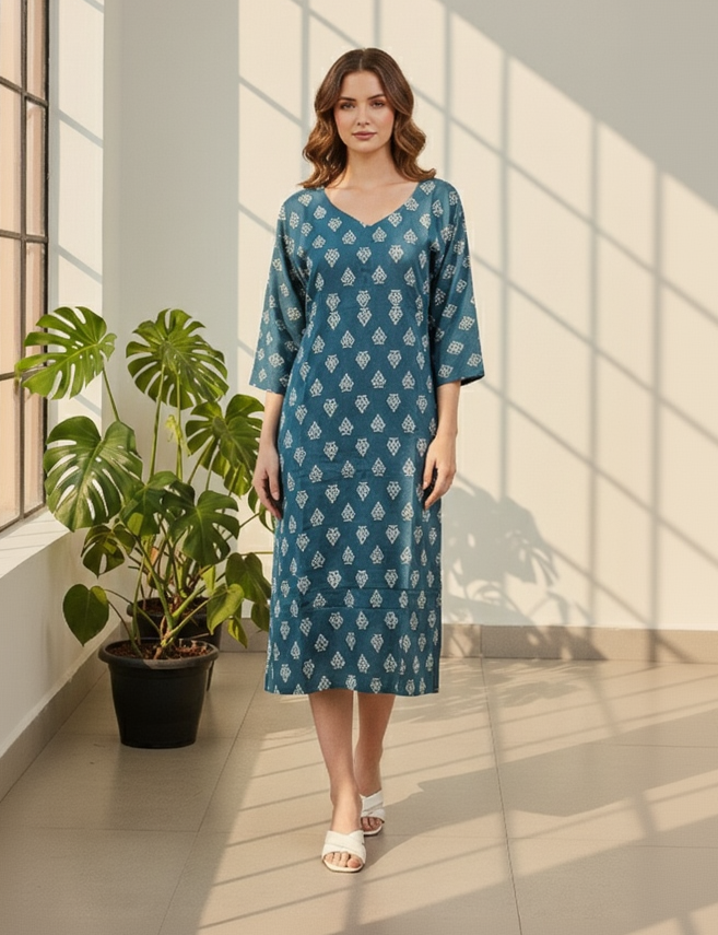 Teal Blue Cotton A-Line Dress for Women – Floral Printed Casual Midi with V-Neck