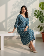 Teal Blue Cotton A-Line Dress for Women – Floral Printed Casual Midi with V-Neck