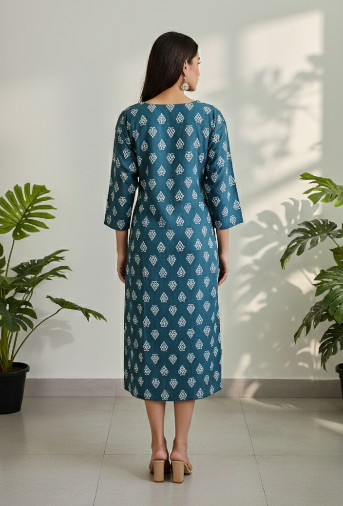 Teal Blue Cotton A-Line Dress for Women – Floral Printed Casual Midi with V-Neck