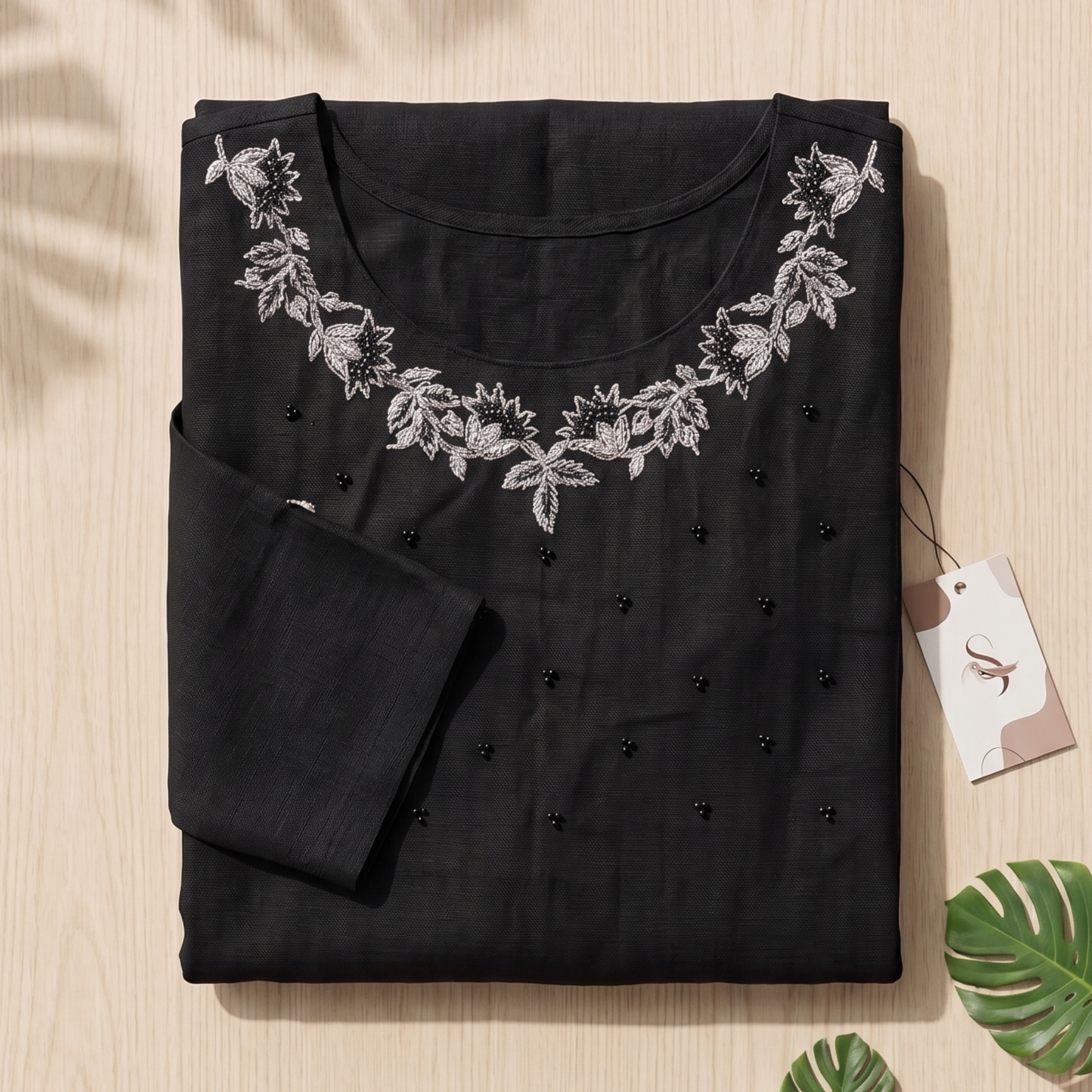 Vertician Black Crushed Nylon A-Line Kurta – Bead Handwork Neck – Premium Party Wear with Lining