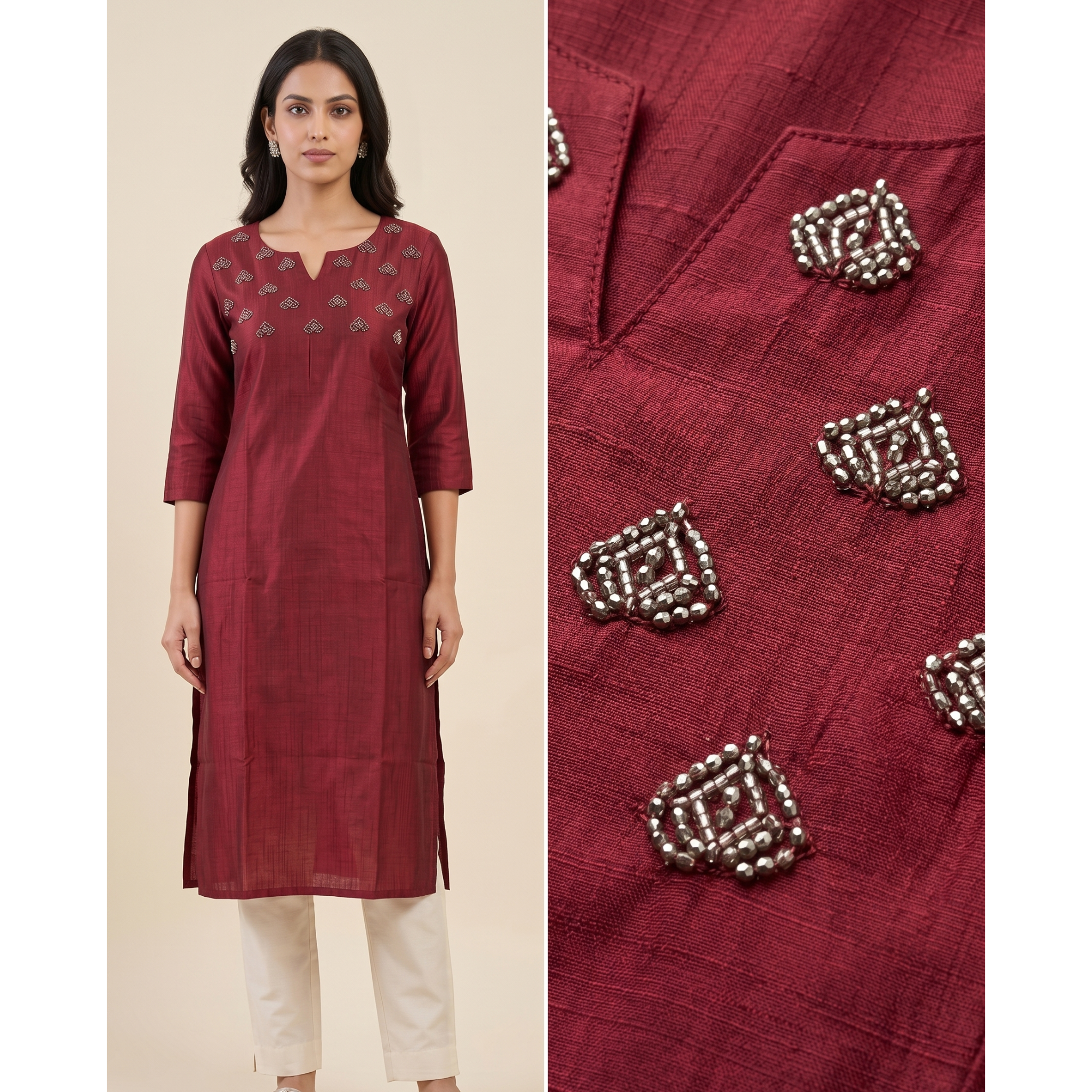 Vertican Maroon A-Line Kurta – Textured Fabric with Handwork Detail – Premium Women's Ethnic Wear