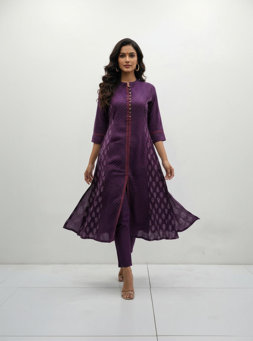 Anvita Purple Cotton Slub Kurta – Elegant Printed Yoke & Sleeve Detail – Chic Festive Wear