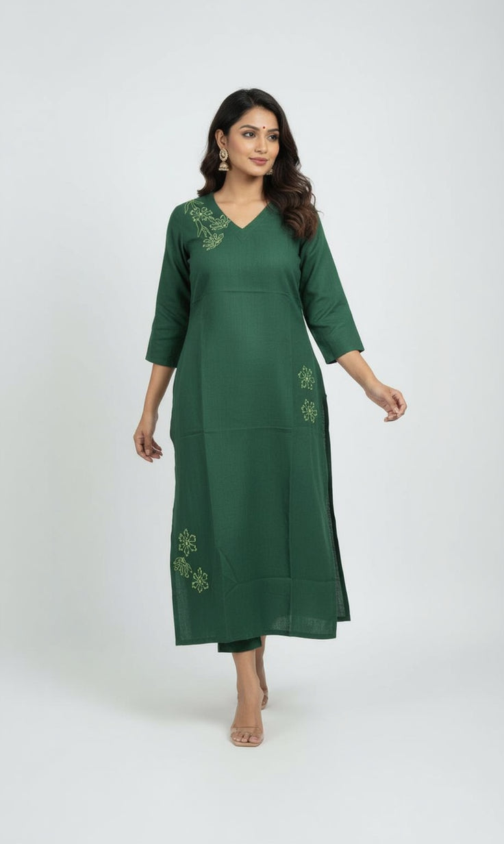Anvita Emerald Green Cotton Slub Kurta – Asymmetric Floral Print – Chic Casual Wear