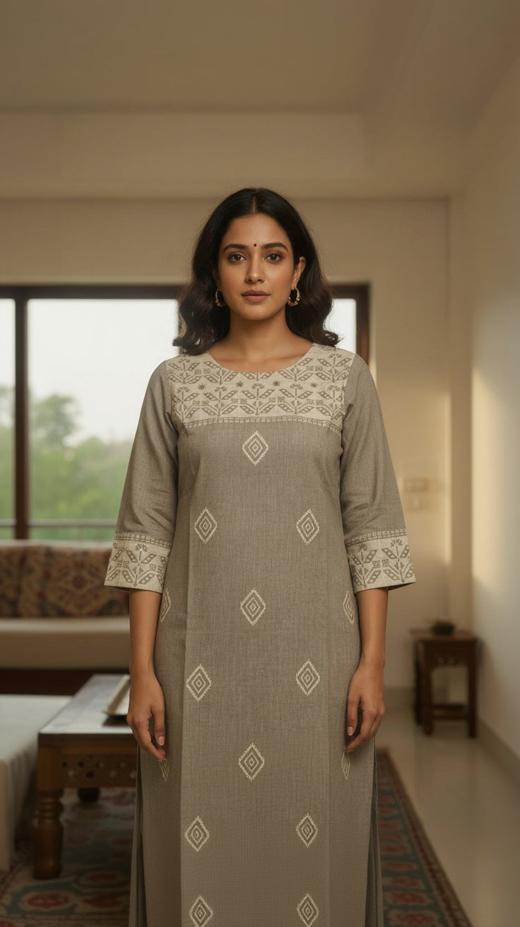 Anvita Ash Cotton Slub Kurta – Embroidered Yoke & Delicate Diamond Motif – Minimalist Chic