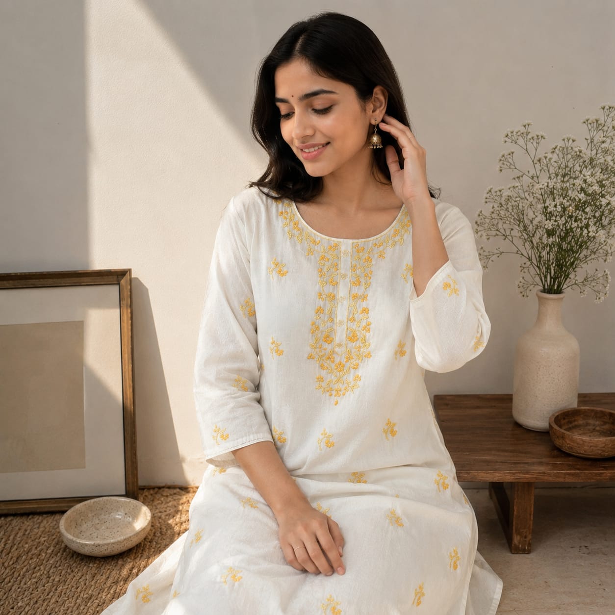 Revanta White Cotton Kurta with Delicate Yellow Floral Embroidery – Elegant Festive Ethnic Wear