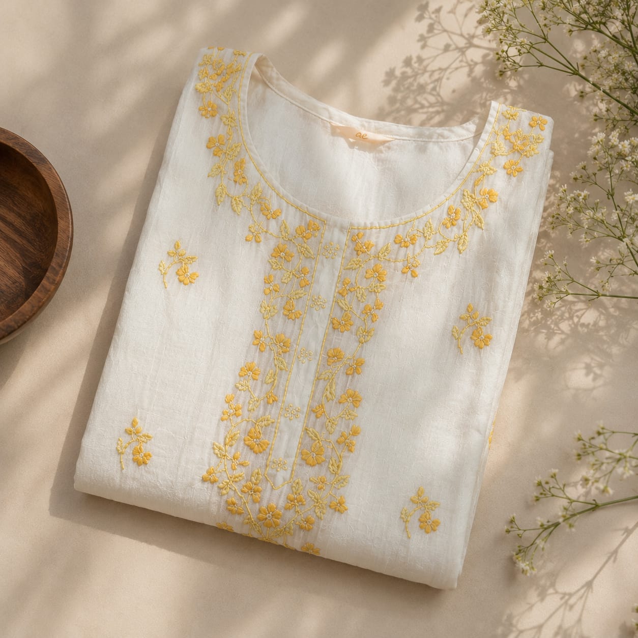 Revanta White Cotton Kurta with Delicate Yellow Floral Embroidery – Elegant Festive Ethnic Wear