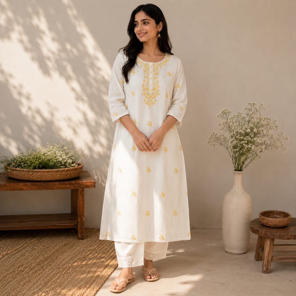 Revanta White Cotton Kurta with Delicate Yellow Floral Embroidery – Elegant Festive Ethnic Wear