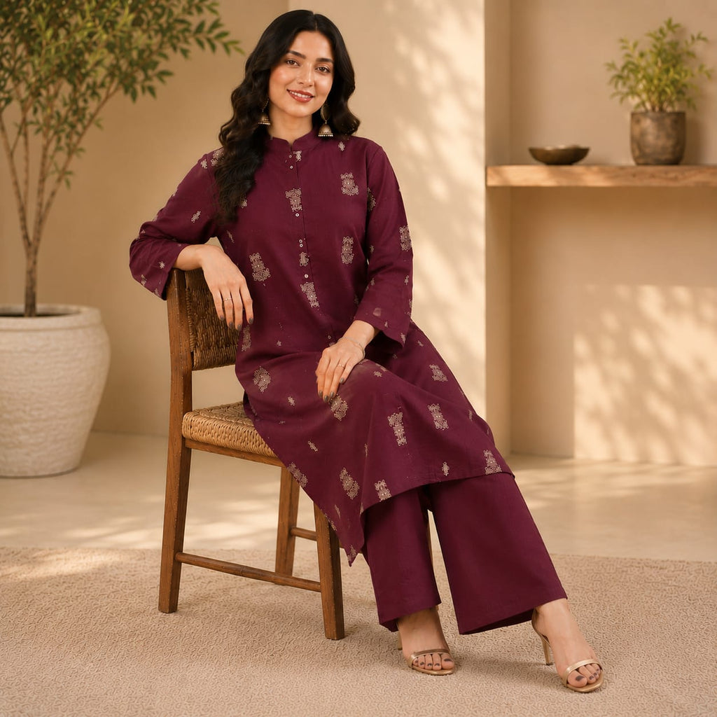 Deep Plum Cotton Kurta & Palazzo Set – Elegant Button-Down Design with Delicate Motif Print