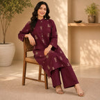 Deep Plum Cotton Kurta & Palazzo Set – Elegant Button-Down Design with Delicate Motif Print