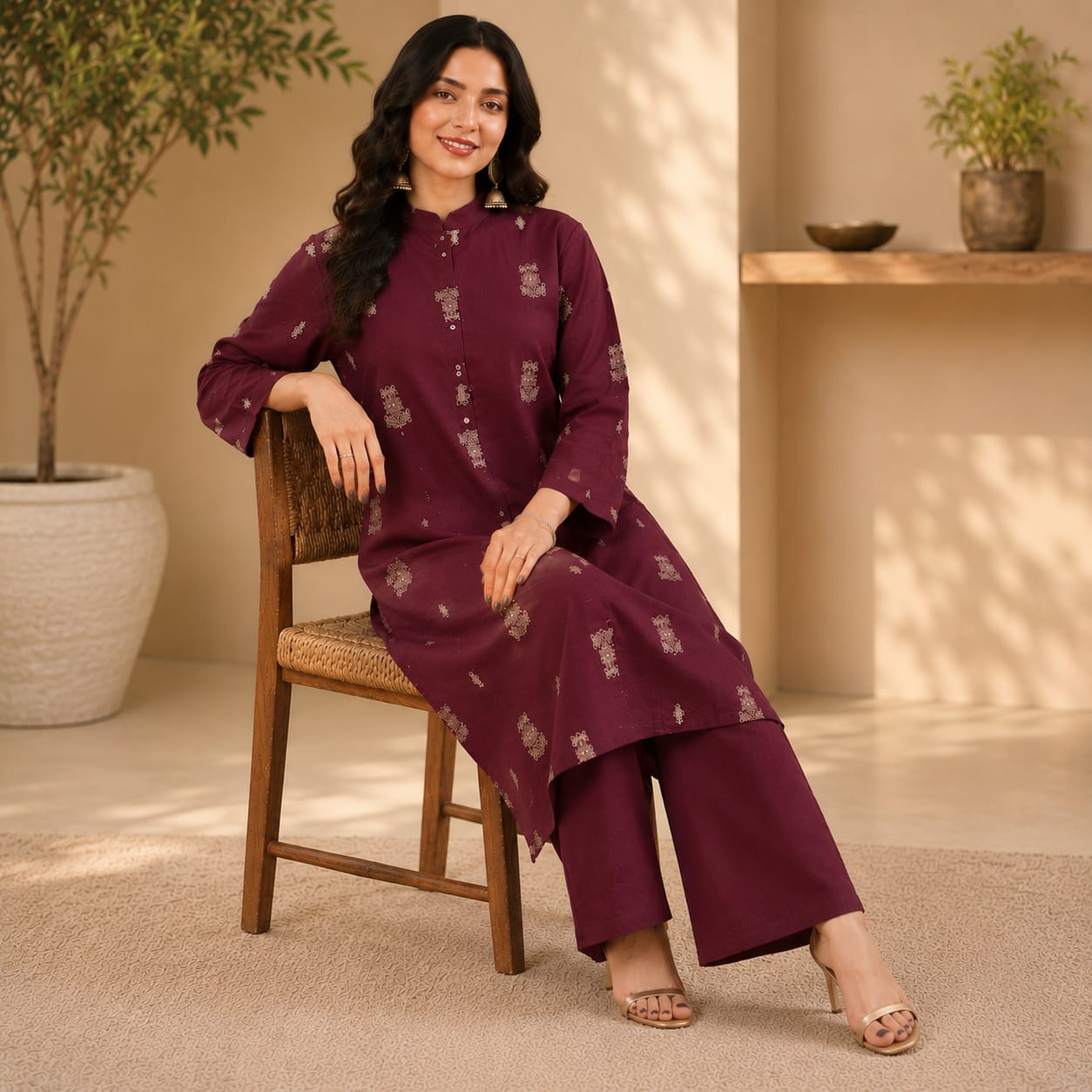 Deep Plum Cotton Kurta & Palazzo Set – Elegant Button-Down Design with Delicate Motif Print