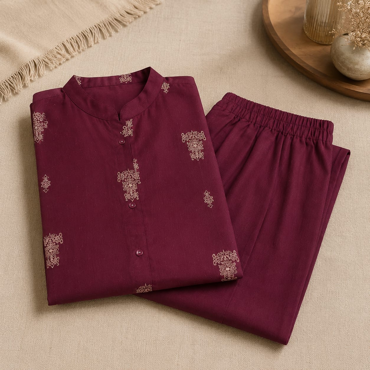Deep Plum Cotton Kurta & Palazzo Set – Elegant Button-Down Design with Delicate Motif Print