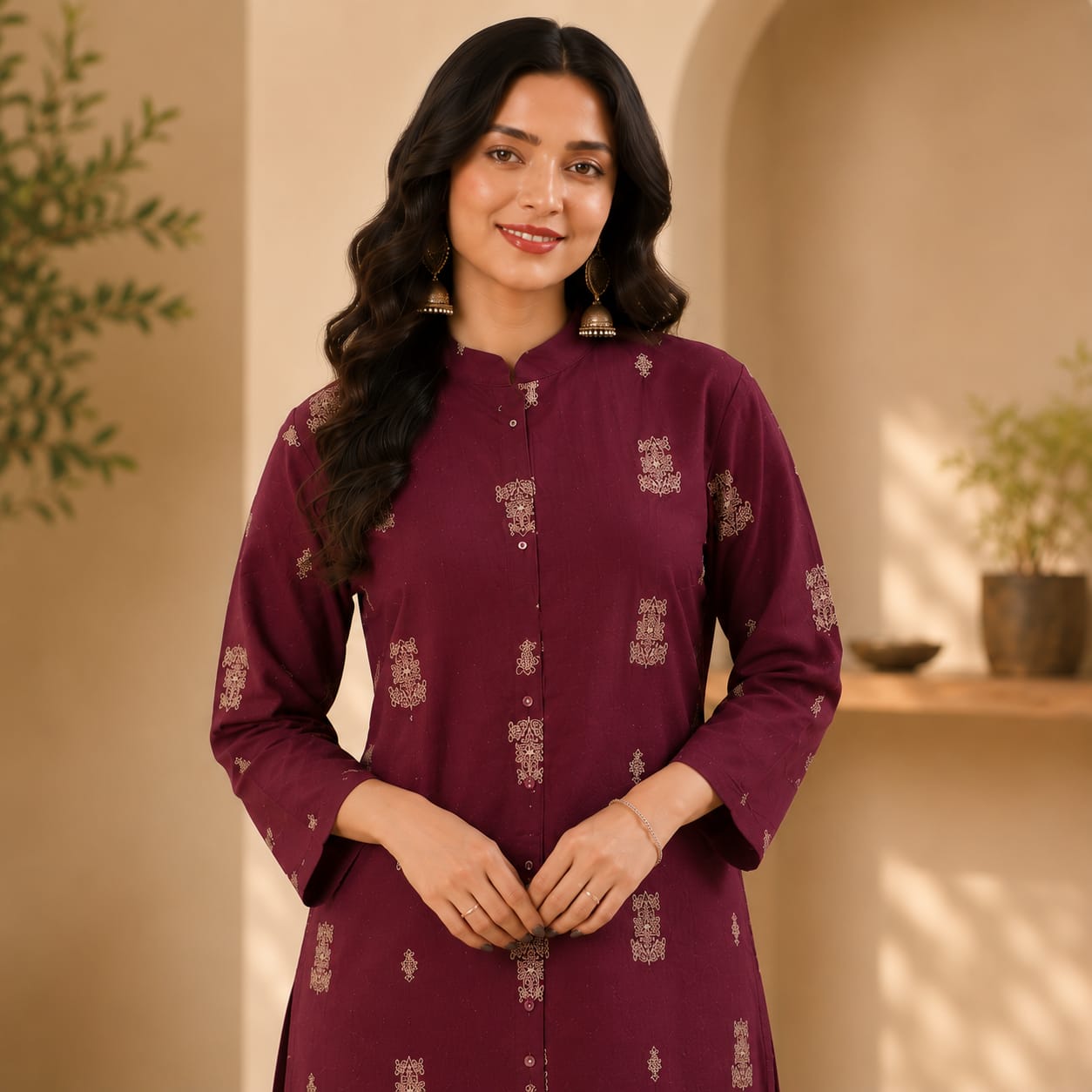 Deep Plum Cotton Kurta & Palazzo Set – Elegant Button-Down Design with Delicate Motif Print