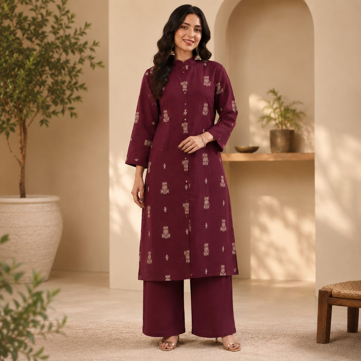 Deep Plum Cotton Kurta & Palazzo Set – Elegant Button-Down Design with Delicate Motif Print
