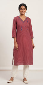 Anvita Terracotta Striped Cotton Kurta – Embroidered V-Neck & Contrast Cuff Detail – Professional Ethnic Wear