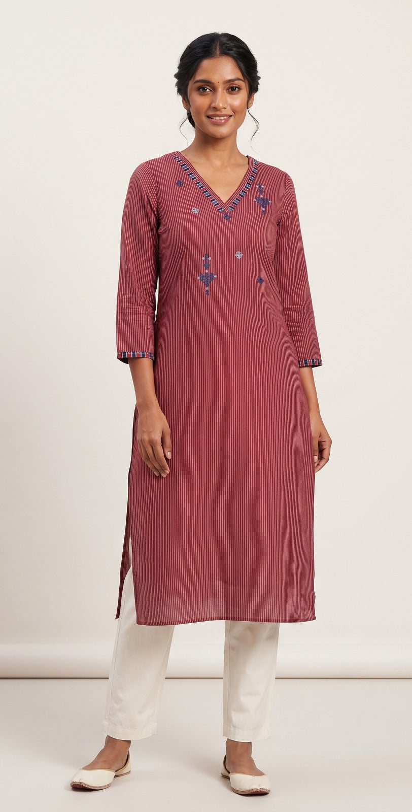 Anvita Terracotta Striped Cotton Kurta – Embroidered V-Neck & Contrast Cuff Detail – Professional Ethnic Wear